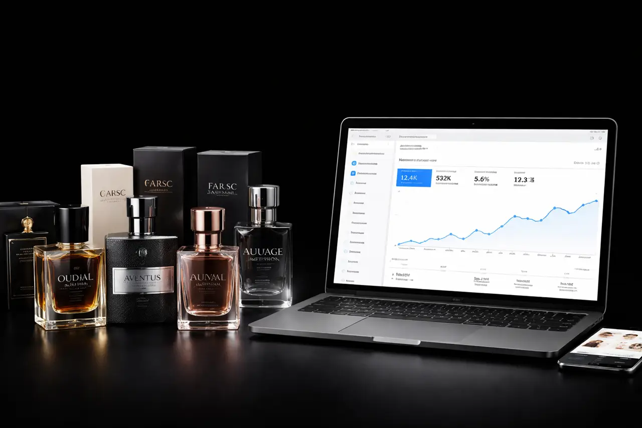 A digital growth case study by Growfactor for an online perfume business, showcasing an E-commerce Fragrance Retailer data dashboard on a laptop next to luxury perfume bottles and a smartphone against a black background.