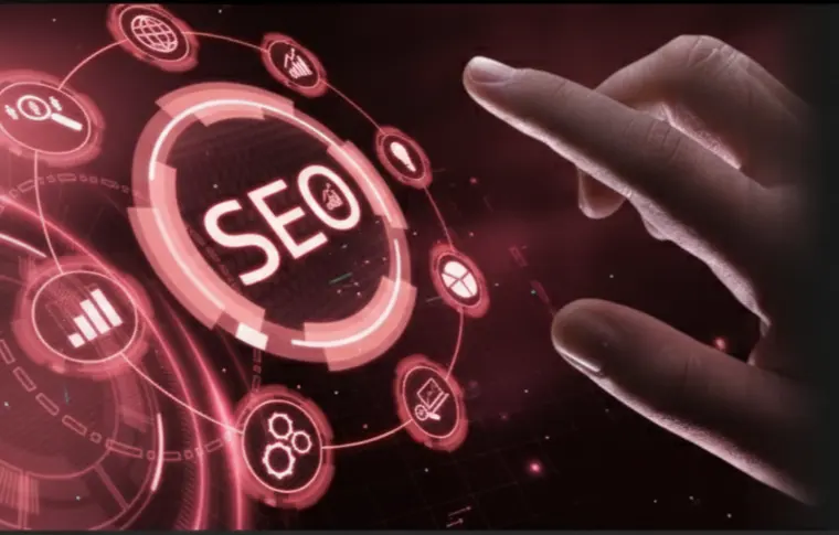 A digital marketing conceptual image for the "Not the Right Fit" qualifying criteria by Growfactor, showing a close-up of a hand interacting with a glowing red futuristic HUD touchscreen interface centered around an "SEO" node and digital marketing icons.