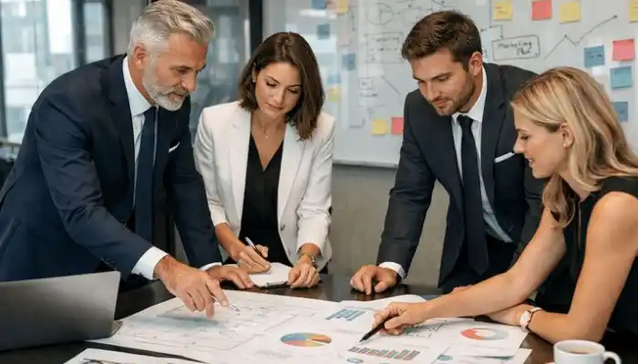 A collaborative corporate strategy meeting representing Professional Service Industries by Grow Factor LLC, featuring a diverse team of male and female executives in business suits standing around a modern conference table reviewing analytics, data spreadsheets, and a pie chart report.