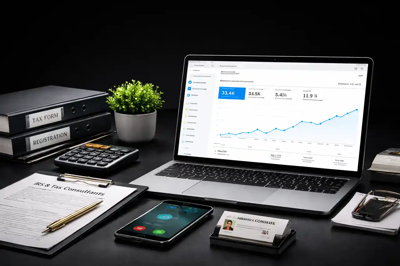 A digital growth case study by Growfactor for a Regional Tax Consulting Firm, displaying an online performance dashboard on a laptop alongside tax form binders, a clipboard titled "IRS & Tax Consultants," a calculator, and a smartphone on a black desk.