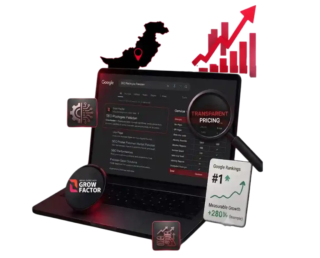 A digital marketing service showcase for SEO Packages Pakistan by Growfactor, featuring an open laptop displaying a search engine results page alongside a magnifying glass highlighting "Transparent Pricing," a Google Rankings #1 growth card, a red ascending bar chart, and a map icon of Pakistan on a white background.