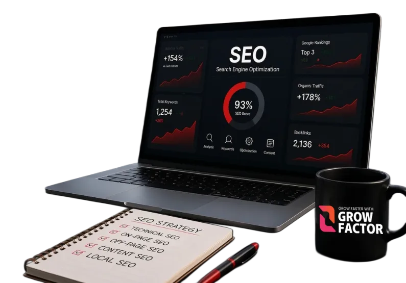 A digital marketing showcase for premium SEO Services in Pakistan by Growfactor, featuring an open laptop displaying a dark mode performance dashboard with a 93% SEO score alongside a spiral notebook detailing a checklist for technical, on-page, and local SEO strategy next to a branded Grow Factor coffee mug.