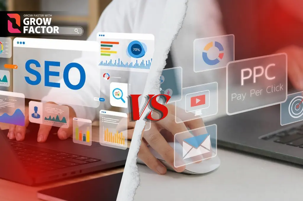 A comparison banner exploring SEO vs PPC Pakistan by Growfactor. The graphic is split diagonally down the middle with a red "VS" text overlay. The left side showcases a person typing on a laptop with floating digital interface elements for "SEO", analytics charts, and a search icon. The right side shows a hand using a computer mouse surrounded by floating marketing elements for "PPC Pay Per Click", a video icon, a target, and an email envelope. The "Grow Faster With Grow Factor" logo sits in the top-left corner.