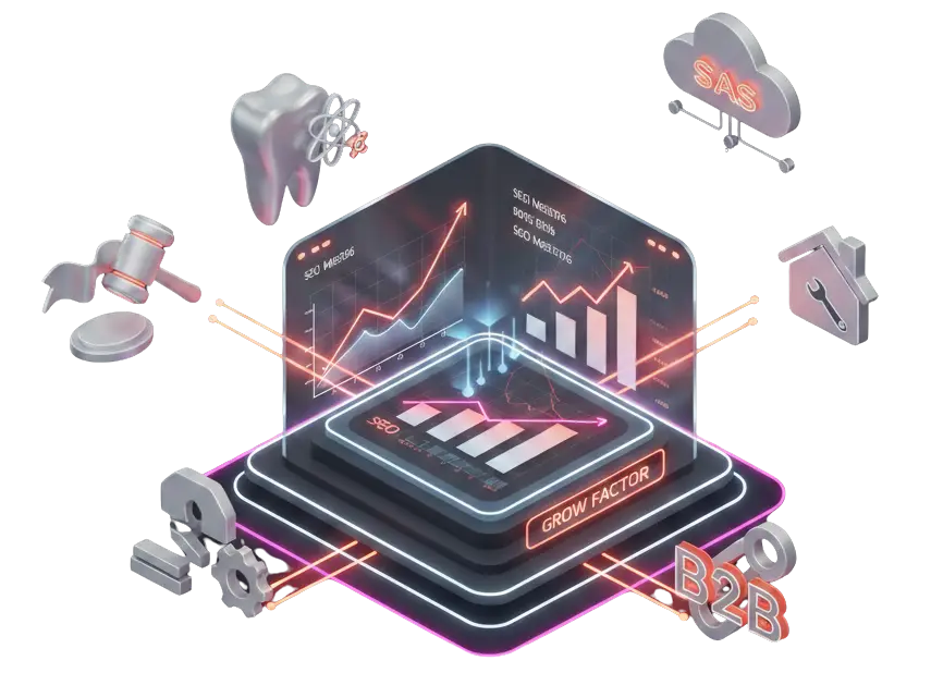 An isometric digital growth diagram illustrating "Who We Typically Work With" by Growfactor, featuring a central futuristic dark-mode analytics platform showing SEO growth charts and lasers connecting to diverse industry icons including SaaS, legal, dental, B2B, and home services.