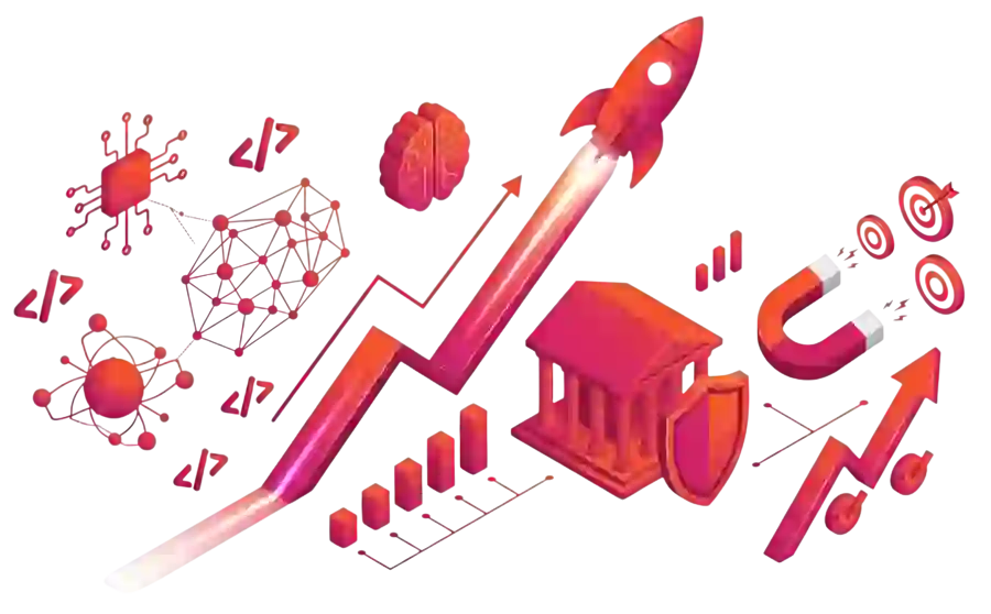 An isometric marketing illustration demonstrating Why GROW FACTOR Stands Out Among SEO Agencies in Pakistan, featuring a bright red rocket launching upward from an ascending growth chart arrow surrounded by pink tech elements like code brackets, a microchip, a human brain, a bank building with a shield, and a customer magnet targeting goals against a black background.