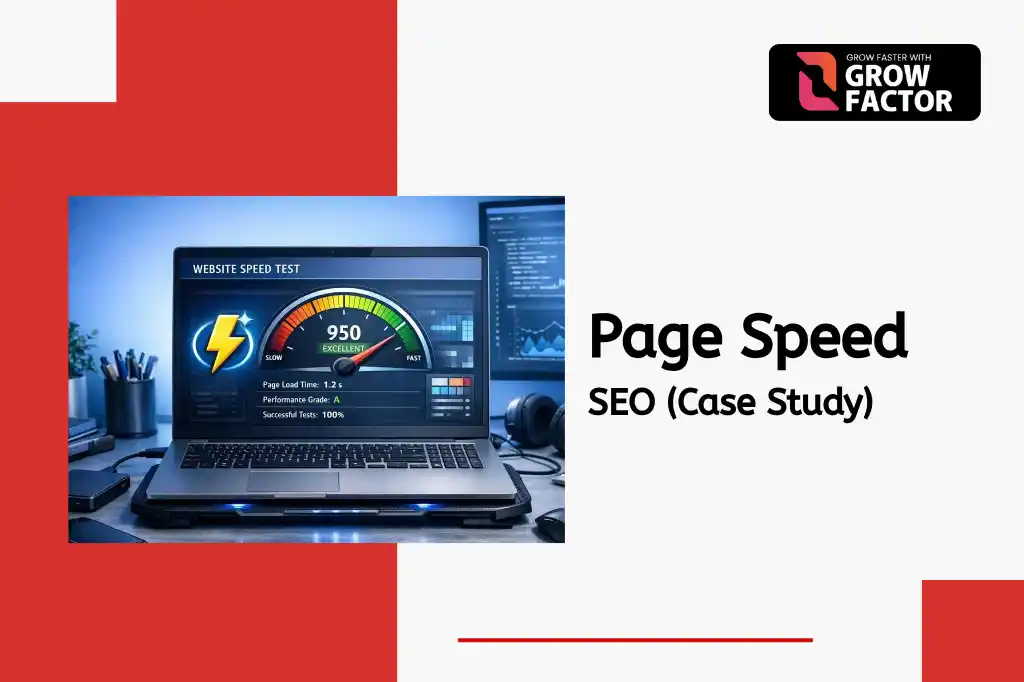 Grow Factor case study web banner titled "Page Speed SEO (Case Study)" displaying a laptop screen running a website speed test showing a high score gauge and fast load time metrics.