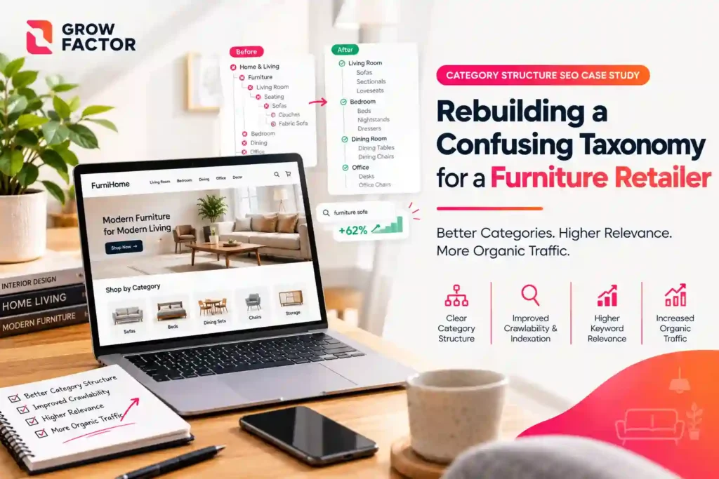Grow Factor case study web banner titled "Category Structure SEO Case Study: Rebuilding a Confusing Taxonomy for a Furniture Retailer" featuring a website redesign, category tree comparison, and SEO performance metrics.
