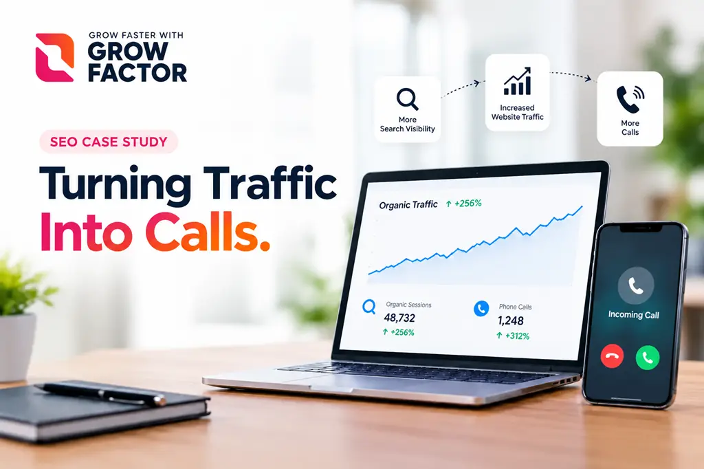 Grow Factor case study web banner titled "Turning Traffic Into Calls" featuring a laptop displaying organic traffic analytics and a smartphone receiving an incoming call.