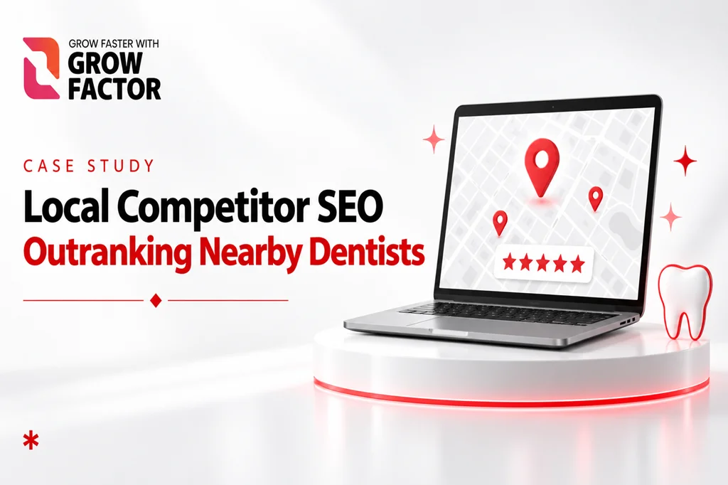 Promotional banner for Local SEO Dental Growth Laptop by Growfactor, showing a laptop on a circular pedestal displaying local map pins and a 5-star rating alongside a tooth icon.