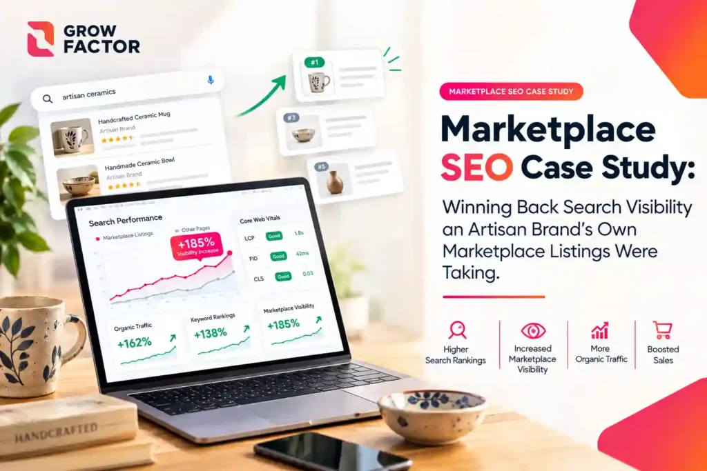Grow Factor case study web banner titled "Marketplace SEO Case Study: Winning Back Search Visibility an Artisan Brand's Own Marketplace Listings Were Taking" displaying a laptop showing SEO metrics and a search engine results preview.