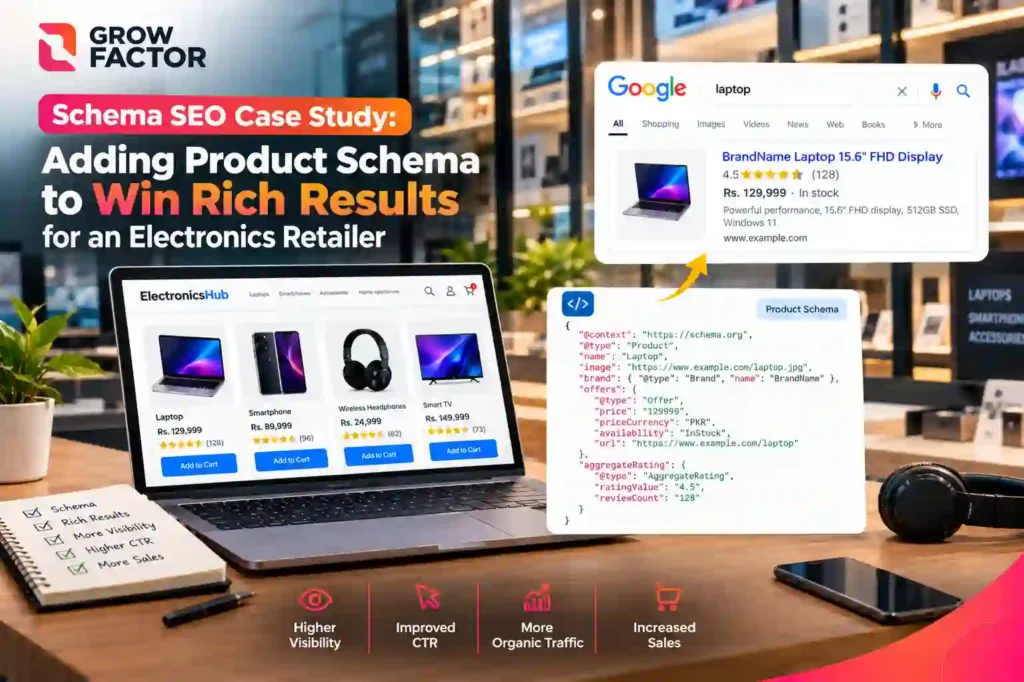 Grow Factor promotional banner illustrating schema SEO case study, product schema markup implementation, winning Google rich results, structured data for e-commerce, and search engine CTR optimization.
