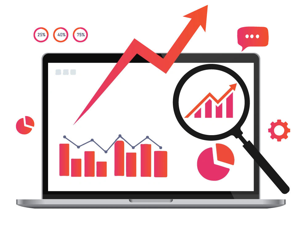 A vector illustration showcasing a professional SEO Audit Pakistan by GrowFactor LLC, featuring an open laptop with an analytics dashboard of red bar charts and a line graph. A large magnifying glass focuses on a segment with an rising arrow and small bar charts, symbolizing data analysis and performance improvement. A huge red arrow dramatically arches above the screen, representing substantial growth, surrounded by a pie chart, a gear icon, percentage markers, and a speech bubble with three dots, all on a clean white background.