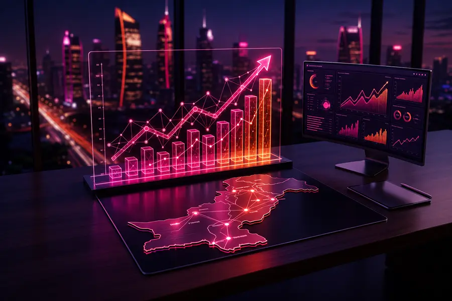 A futuristic office setup featuring an illuminated map of Pakistan with network nodes next to glowing growth charts and analytics, representing SEO Services in Pakistan by Growfactor.