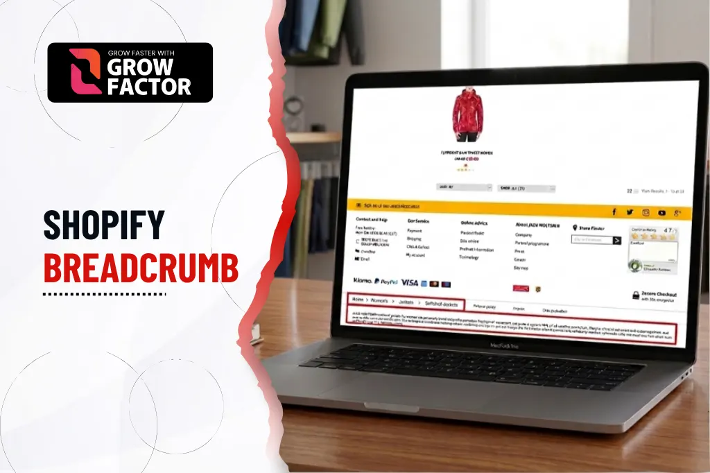 Laptop displaying an e-commerce product page highlighting Shopify Breadcrumb navigation, by Growfactor