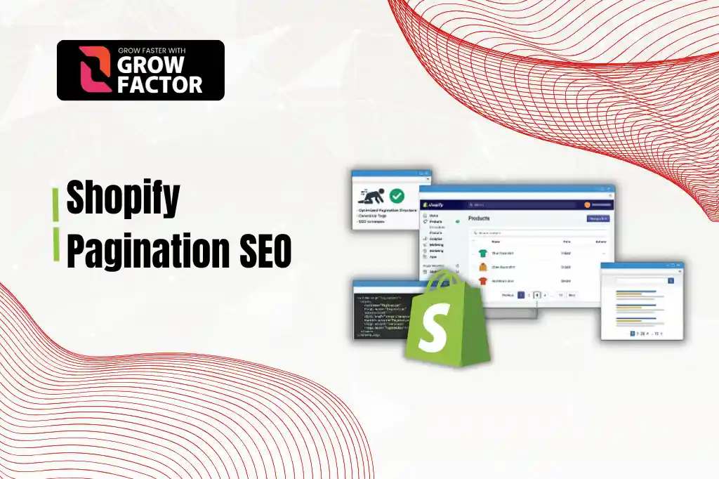 A website graphic illustrating Shopify Pagination SEO with a Shopify shopping bag icon, code snippet windows, and a product listing dashboard, by Growfactor.