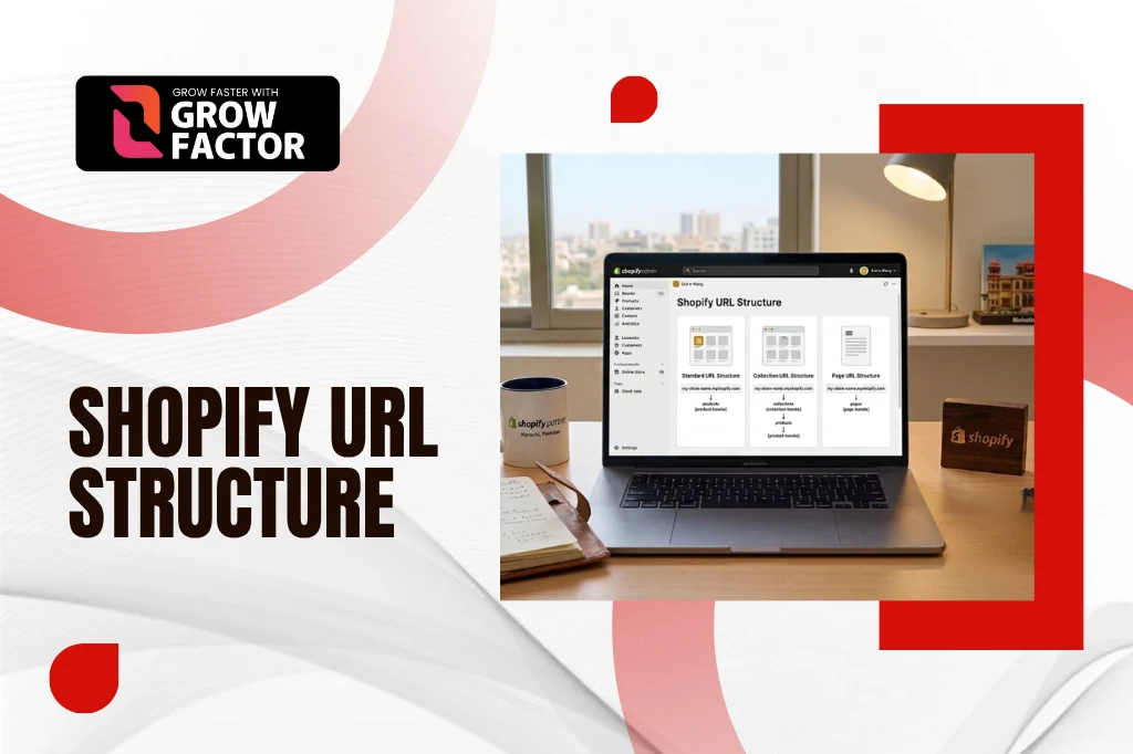 A laptop open on a desk showing standard, collection, and page website link formats for a Shopify URL Structure guide by Growfactor.
