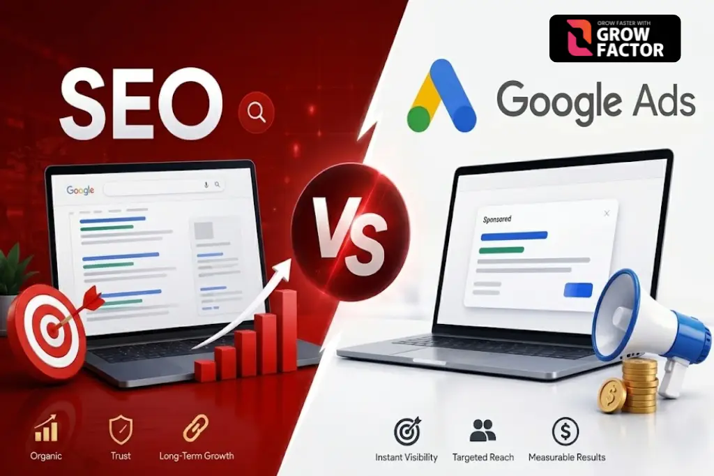Comparison banner for SEO vs Google Ads Pakistan by Growfactor, showing organic search growth metrics on one laptop opposite sponsored ad results and instant visibility icons on another.