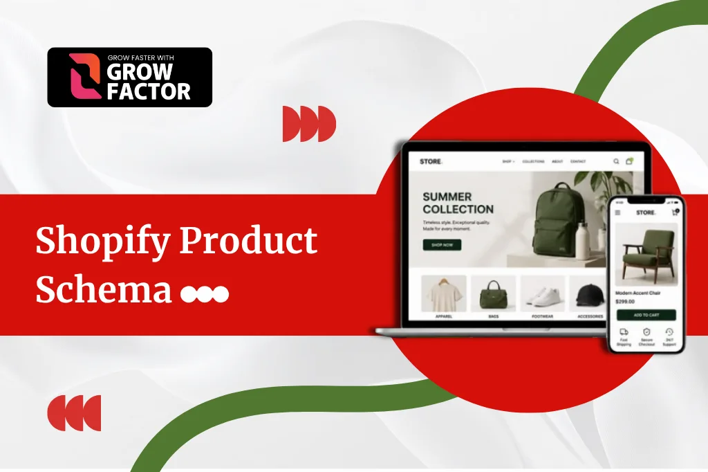 Promotional banner for Shopify Product Schema optimization by Growfactor, featuring an e-commerce website displayed on a laptop and mobile screen.