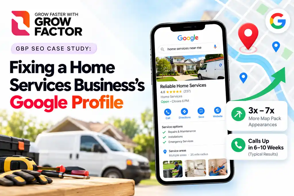 Grow Factor case study web banner titled "GBP SEO Case Study: Fixing a Home Services Business's Google Profile" showcasing a smartphone displaying Google Business Profile local search results for a home services company.