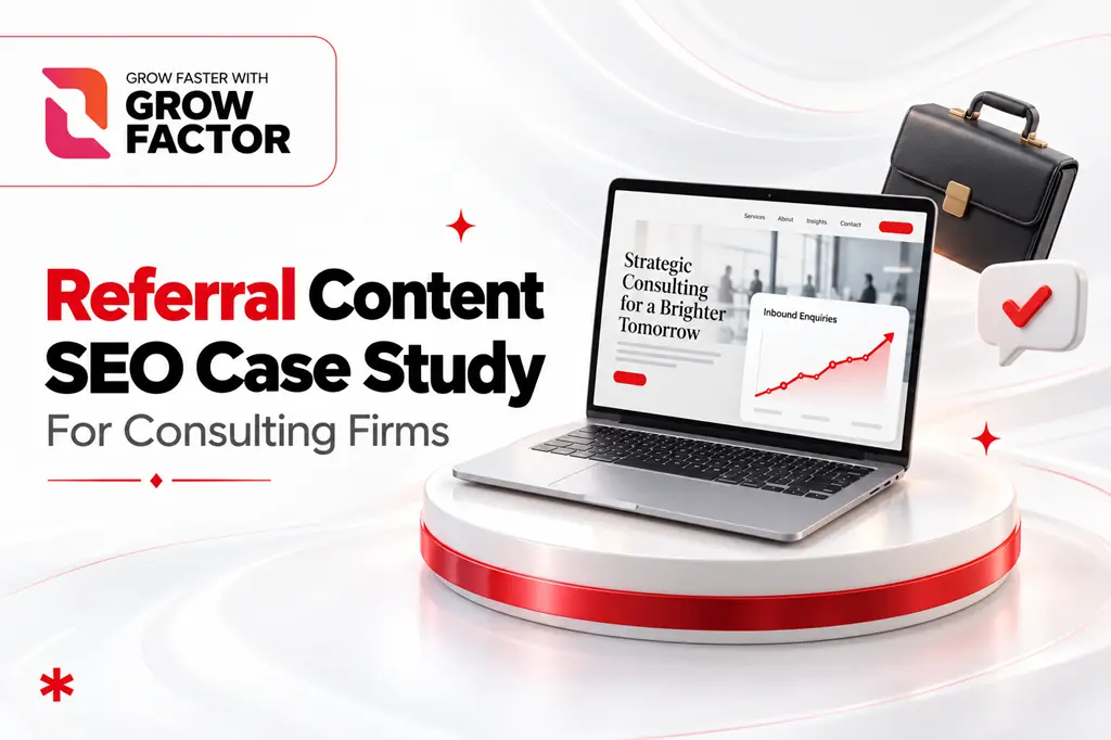 Promotional banner for a Referral Content SEO Case Study by Growfactor, displaying a laptop with an inbound enquiries growth chart alongside a briefcase and a checkmark speech bubble icon.