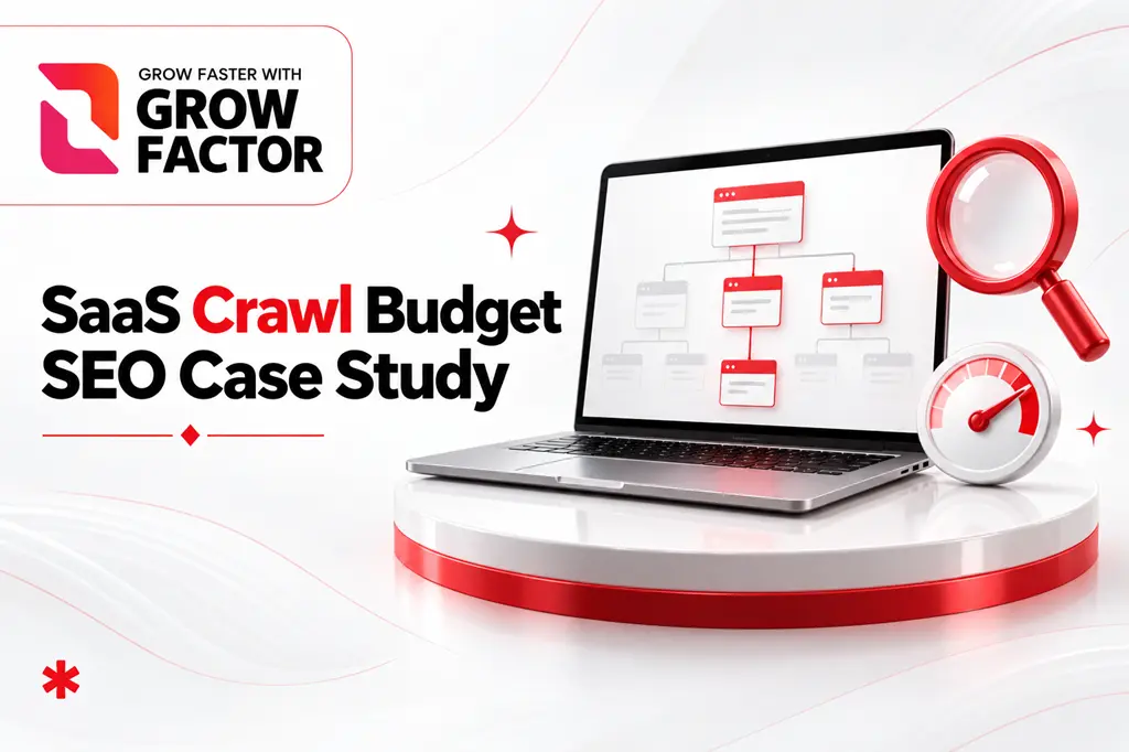 Promotional banner for a SaaS Crawl Budget SEO Case Study by Growfactor, displaying a laptop with a site architecture flowchart next to a magnifying glass and speed gauge icon.